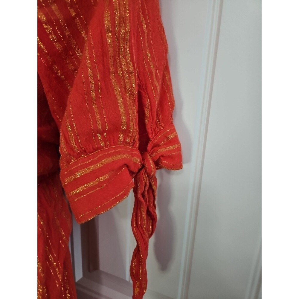 Michael Kors Women's Orange Gold Metallic Stripe V-Neck Faux Wrap Dress Size XL - Picture 6 of 11